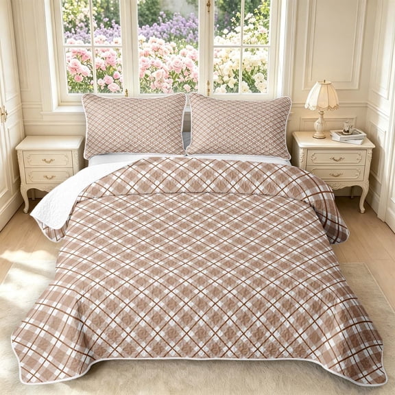 Manfei Modern Checkered Twin Quilt Set,Geometric Check Twin Coverlet Set,Brown White,2 Pieces,1 Bedspread and 1 Pillowcase