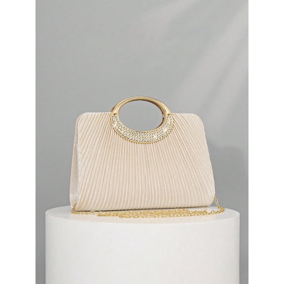 Wynndora Pleated Satin Evening Clutch, Crystal Ring Bag with Chain, Champagne