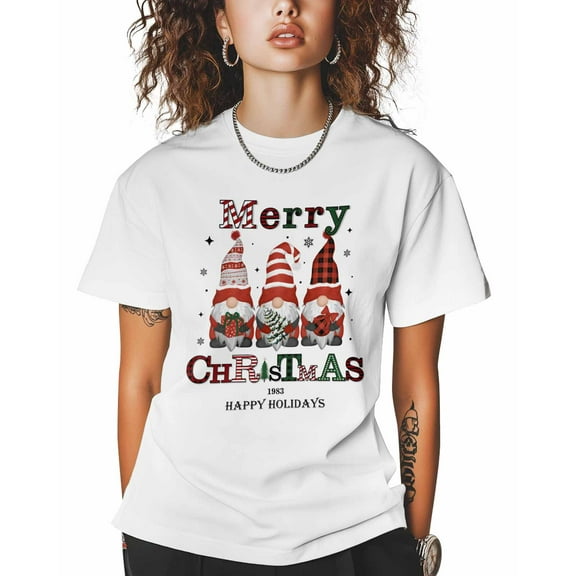 T Shirts for Women Short Sleeve Cotton Crewneck T-Shirt, Merry Christmas Red Gnomes Tee Tops Casual Basic T-Shirts, XS-5XL White XS