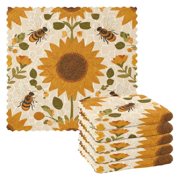 6 Pieces of Kitchen Towels 11x11Inch Kitchen Dish Cloths Kitchen Dish Towels Reuseable Cleaning Cloths Bees and Sunflowers
