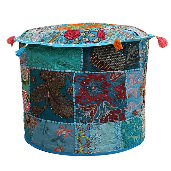 DK Homewares Indian Vintage Patchwork Pouf Ottoman Cover Turquoise Blue Round Foot Stool Decorative Tuffet Cotton Embroidered Pouffe Floor Cushion Floral Traditional 22x22x14 Inch - COVER ONLY