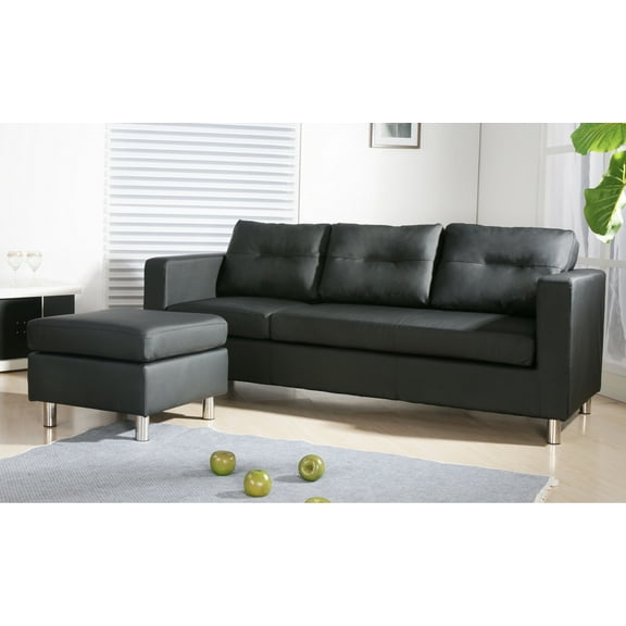 Caius Modern Faux Leather Configurable Left and Right Facing Sectional Sofa and Ottoman Set, Black