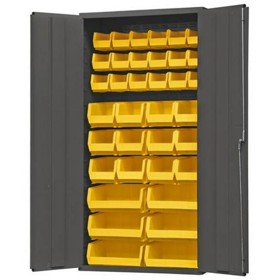 14 Gauge Flush Door Style Lockable Cabinet with 36 Yellow Hook on Bins, Gray - 36 in.