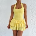 thumbnail image 2 of Staron Summer Dresses for Women Halter Square Neck Sleeveless Bodycon Mini Dress Corset Waist Tiered Ruffle Party Cocktail Club Night Out, Yellow S, 2 of 7