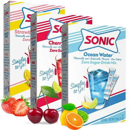 Sonic Singles To Go Powdered Drink Mix 1 Ocean Water 1 Cherry Limeade and 1 Strawberry Limeade Flavored Water Enhancer Sugar-Free Non-Carbonated Drinking Beverages 3 Boxes 6ct each 18 Total Servings