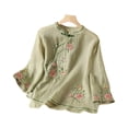 thumbnail image 2 of Womens Shirts Cotton Linen 3/4 Sleeve Embroidered Chinese Traditional Mandarin Collar Button Blouse Summer Trendy Tops Green L, 2 of 4
