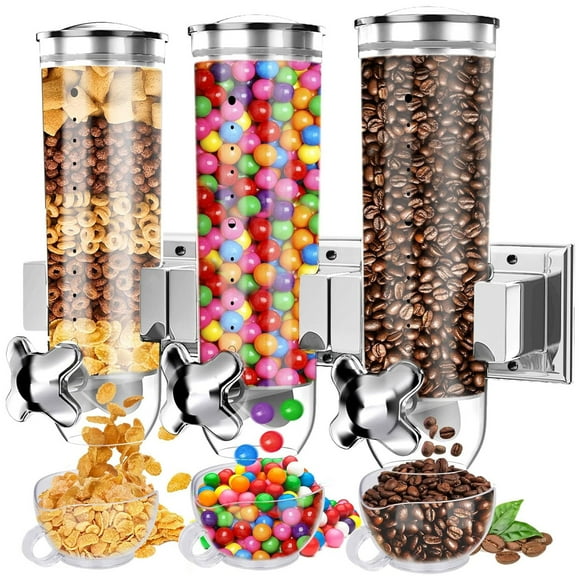 Triple Food Dispenser, Wall Mounted Cereal Dispenser, Candy Dispenser Grain Dispenser Kitchen Container with 3 Cup