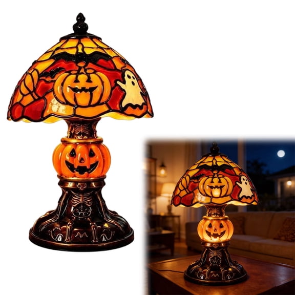 EaseDay Halloween Lamp Stained Glass Style Small Table Lamp with USB Cable and Switch LED Night Light for Home Decor Living Room Bedroom Nightstand