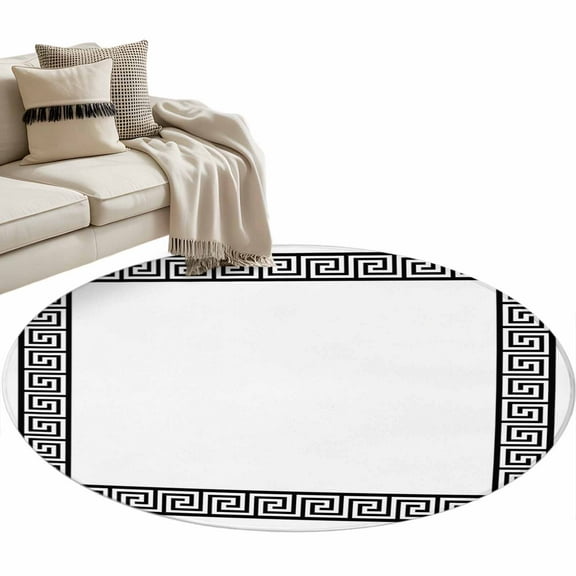 Black Geometric Round Area Rug 4 FT, Non Slip Indoor Outdoor Rug, Modern Key Greek Design Abstract Art Washable Soft Circular Carpet Non-Shedding Floor Mat for Coffee Table Nursery Foyer Balcony