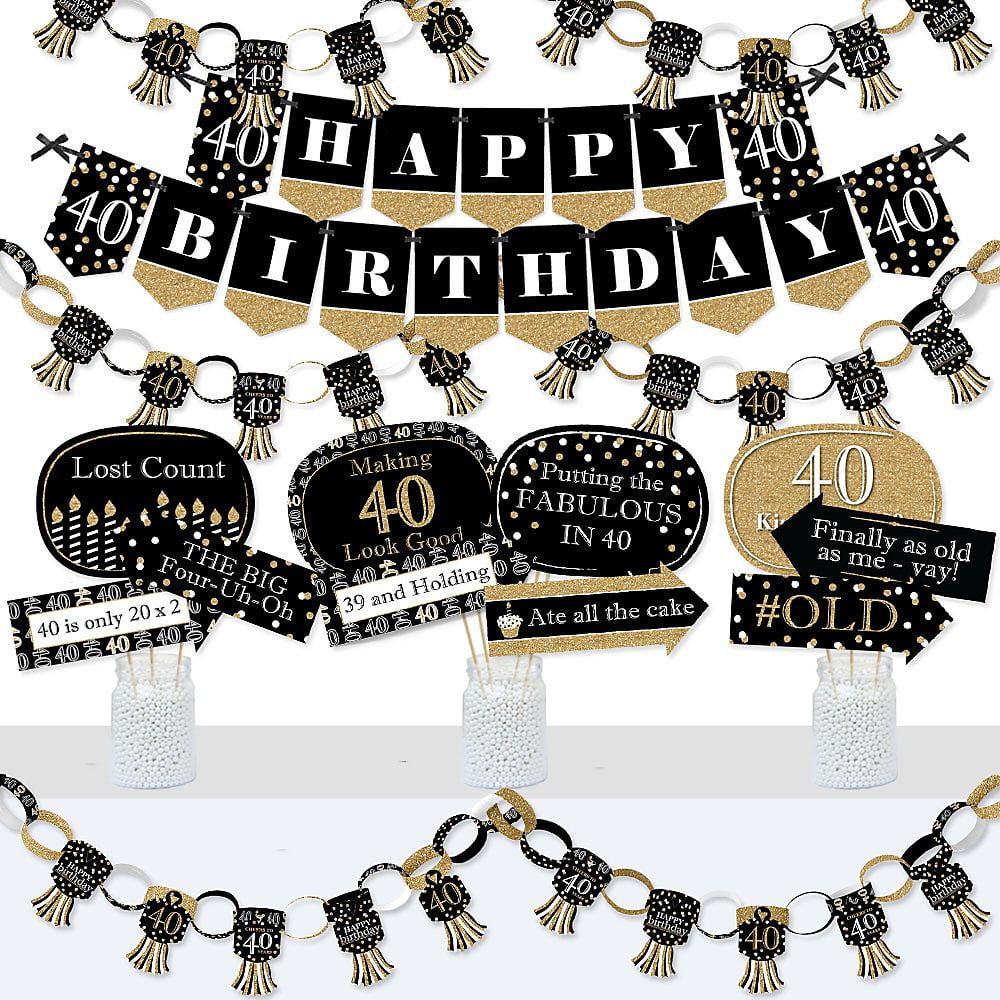 Banner and Photo Booth Decorations Gold Birthday Party Supplies Kit Doterrific Bundle Adult 40th Birthday