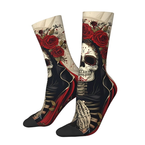 Honeii Gothic Skull With Roses Print Adult Socks,Crew Socks,Casual Calf Socks,Daily Wear Socks for Men & Women, Perfect for Sports, Casual and Everyday Use