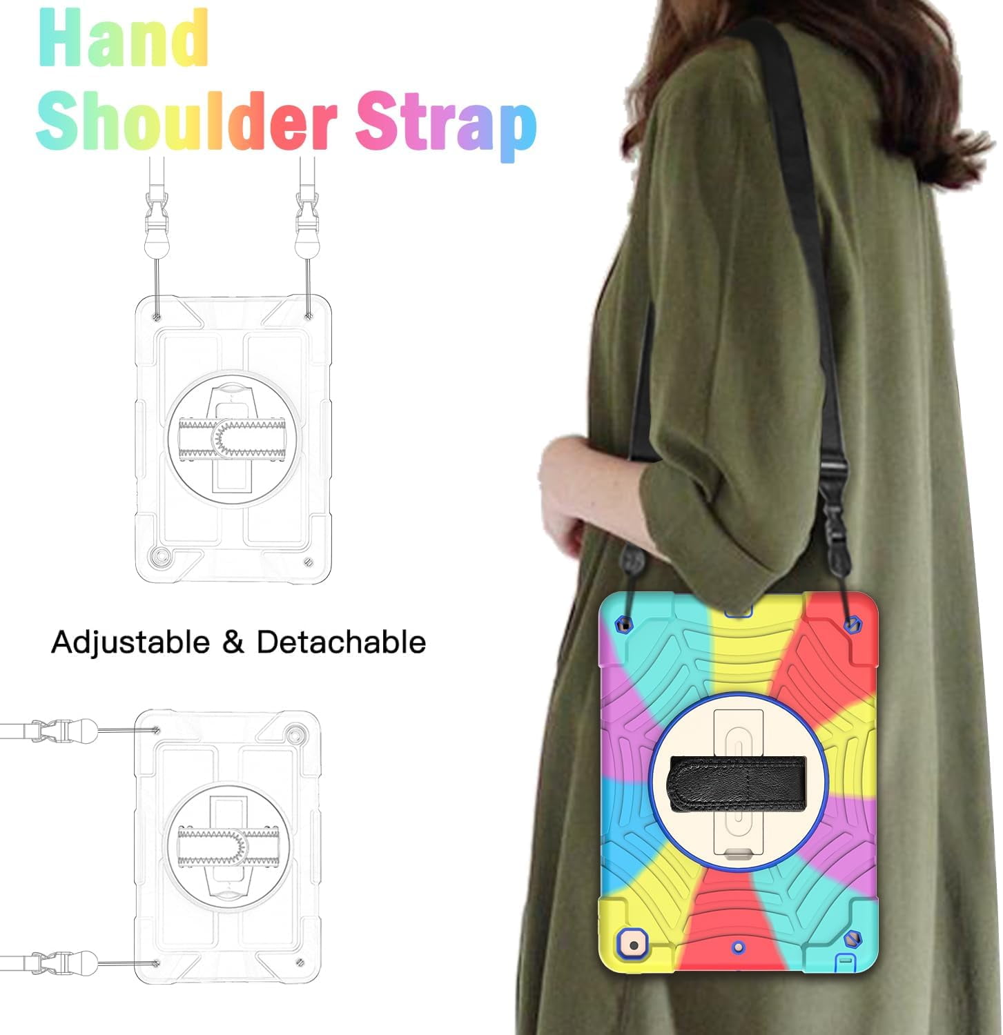 BMOUO iPad 9th Generation Case, iPad 8th/7th Generation Case, iPad 10.2 Case,Hybrid Shockproof [360 Rotating Stand] [Hand Strap] [Pencil Holder] Kids Case for iPad 10.2" 2021/2020/2019 - Colorful