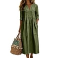 thumbnail image 2 of Zpanxa Shirt Dresses for Women, Three Quarter Sleeve V Neck Cotton Linen Midi and Side Slits, 2 of 7