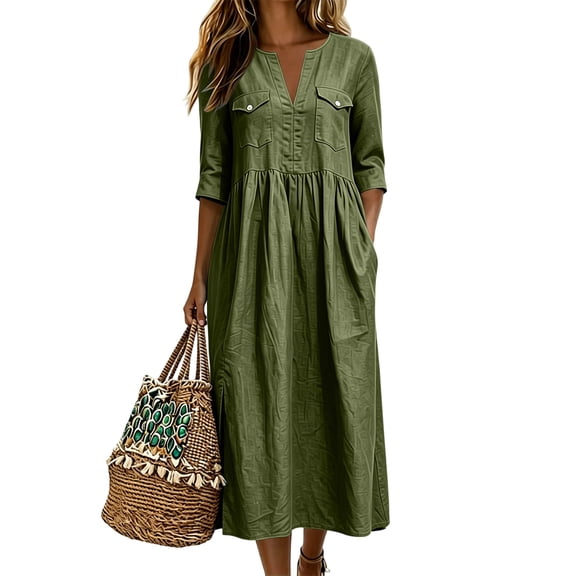 Ayolanni Fall Dresses for Women V Neck Cotton 3/4 Sleeve A-Line Maxi Dresses Flowy Solid Daily Side Slit Long Dress with Pockets Green L