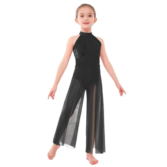 Yartina Girls Lyrical Dance Jumpsuit Sequin Sleeveless Wide Leg Bodysuit One Piece Figure Skating Outfit Black 14