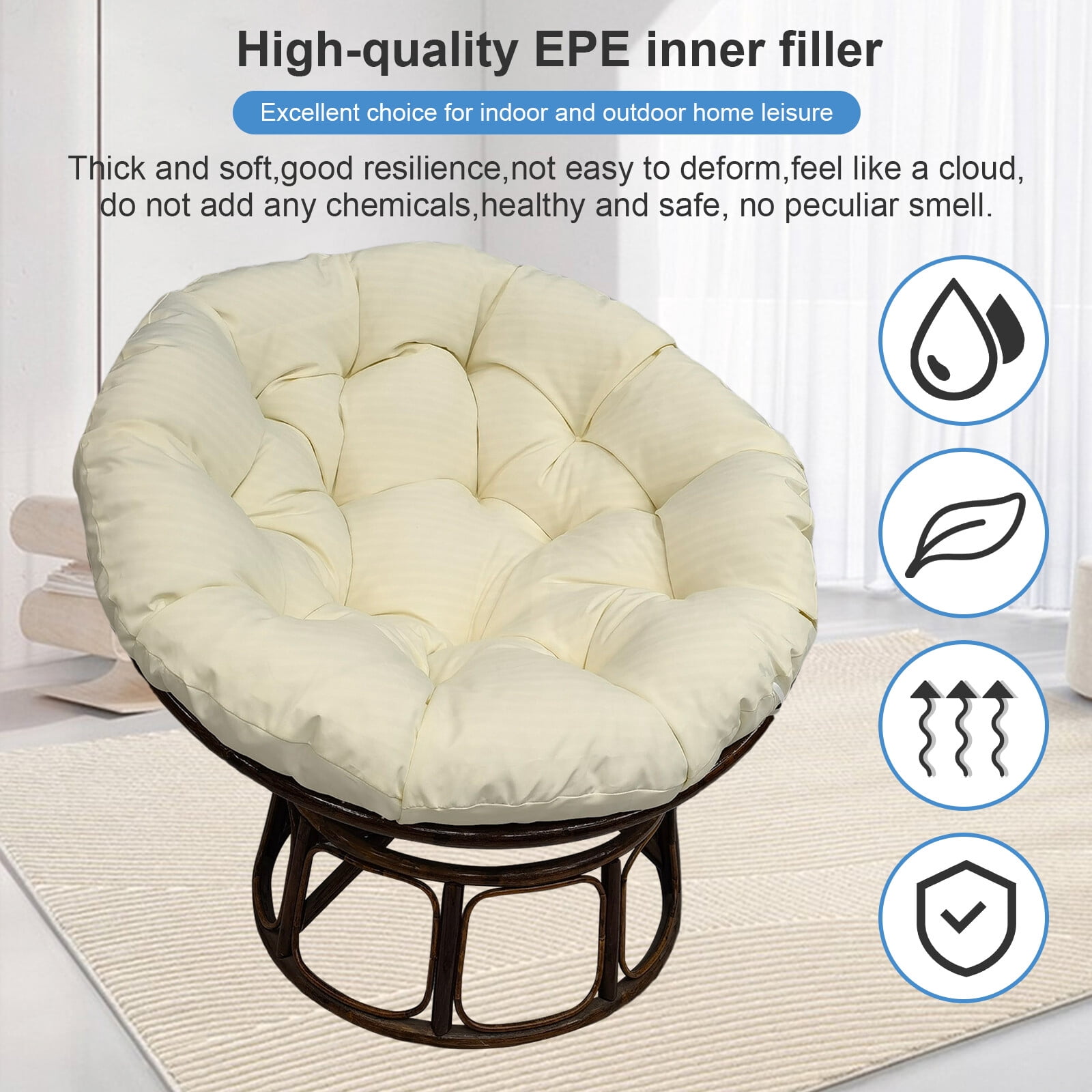 JIAN YA NA Indoor Outdoor Papasan Cushion, 47-inch Hanging Egg Chair Cushion Replacement (Without Chair), Beige