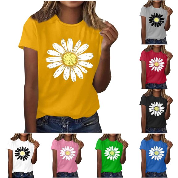 Trendfront Womens Cute Daisy Floral T-Shirts Crewneck Short Sleeve Regular Fit Graphic Tunics Vintage Casual Summer Tee for Women