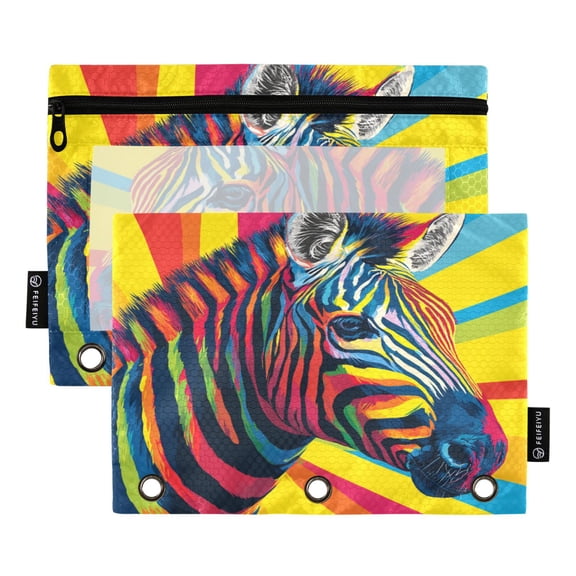 2 Pack 3 Ring Binder Pouch with Clear PVC Window Water Resistant Zipper Pencil Pouch Art Illustration Of A Zebra Binder Pocket for Classroom Office Home Stationery Organization