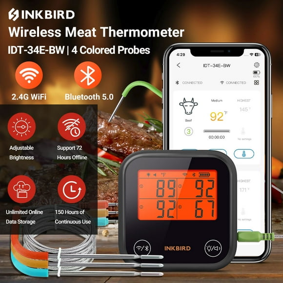 Thermomètre Alimentaire Bluetooth pour la Cuisson, Thermomètres à Viande Wi‐Fi, 4 Sondes Colorées pour Barbecue, Fumoir, Four / Graphique de Température de Calibration via Application / Notification Mobile