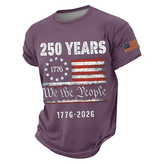 Men's 4th of July Patriotic T-Shirts 250 Years of America 1776-2026 Crewneck Shirts Distressed Flag Casual Short Sleeve Tees Purple L