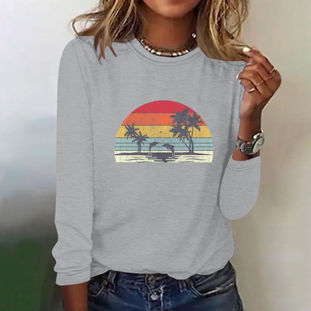 EQWLJWE Blouses à Manches Longues pour Femmes Grande Taille Mode Printemps Imprimé Manches Longues Col Rond Tee Décontracté Hauts Vêtements d'Automne pour Femmes