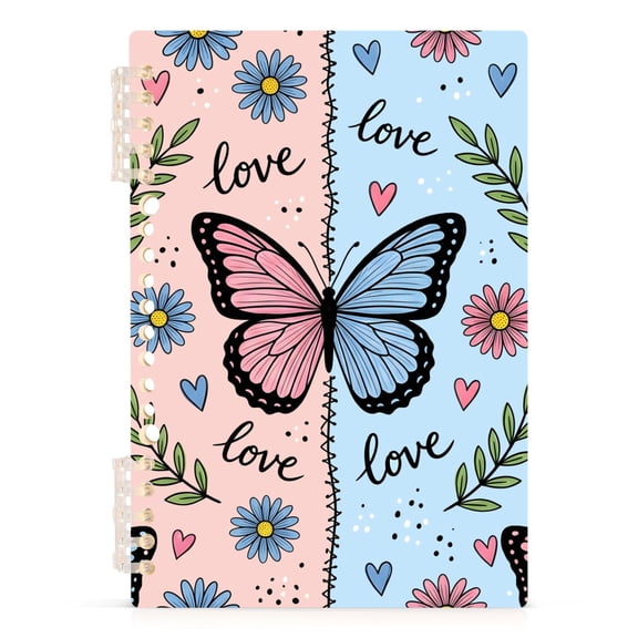 Haosy Pink Blue Butterfly Love Notebooks 1-subject Journal 60 Sheets A5 College Ruled Paper Detachable Ring 8.3"x5.7"