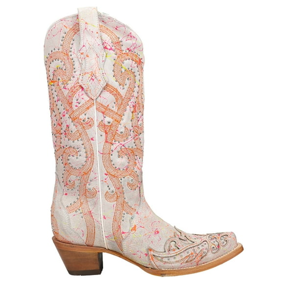 Corral Boots Womens Fluorescent Embroidered Tooled Inlay Studded Snip Toe C