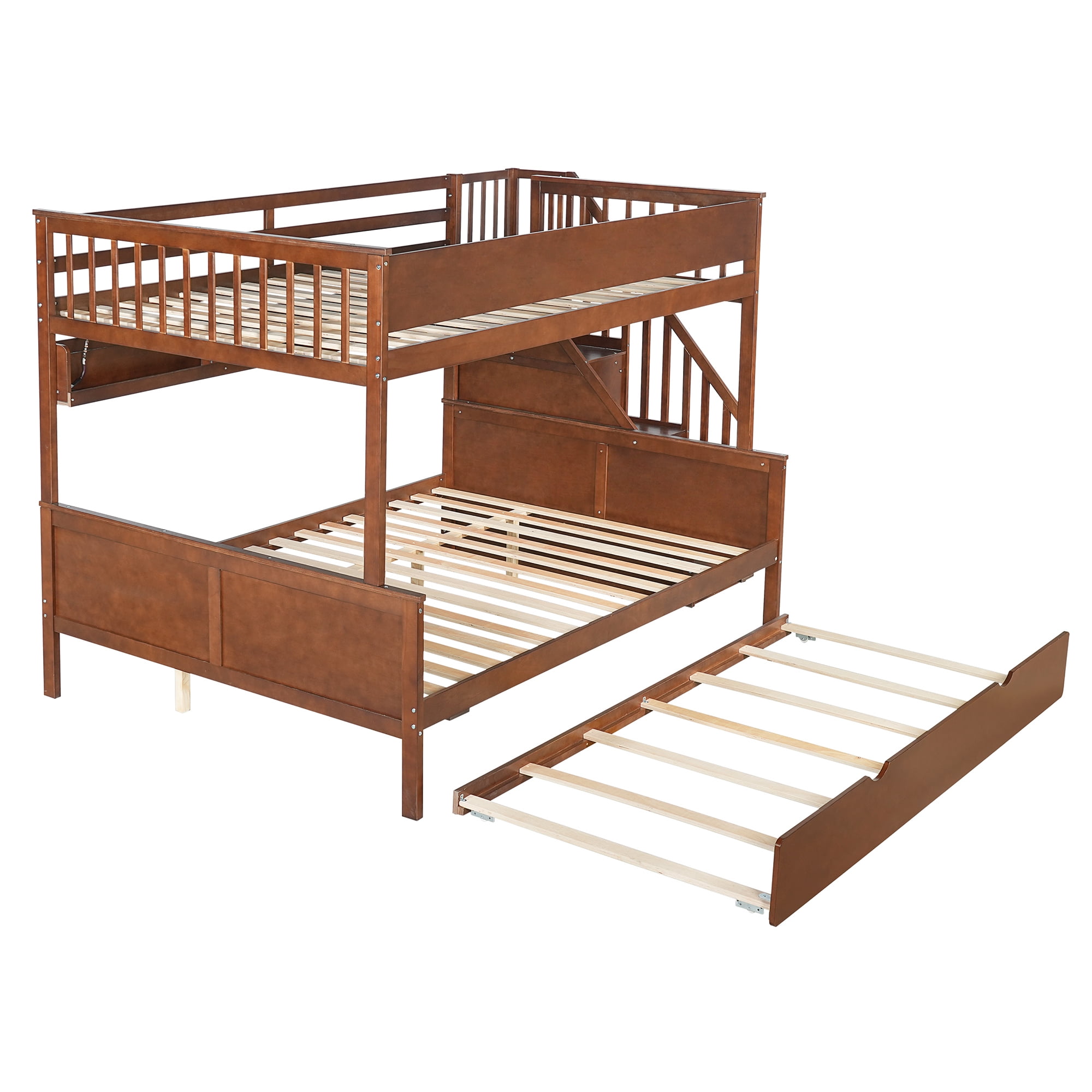 Euroco Full XL over Queen Bunk Bed with Storage Staircase and Shelves, Wood Bed with Trundle and LED Light, Walnut