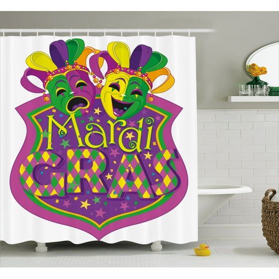 Mardi Gras Shower Curtain Comedy And Tragedy Masks With Festive Mardi Gras Shower Curtain Comedy And Tragedy Masks With Festive Carnival Blazon Design Fabric Bathroom Set Hooks Purple Green Yellow