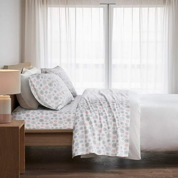 Regency Heights King Size Cotton Flannel Sheet Set, 4-Piece Flannel Bed Sheets King, 100% Cotton Bed Sheets Set with Deep Pocket, Pink/Grey Snowflakes