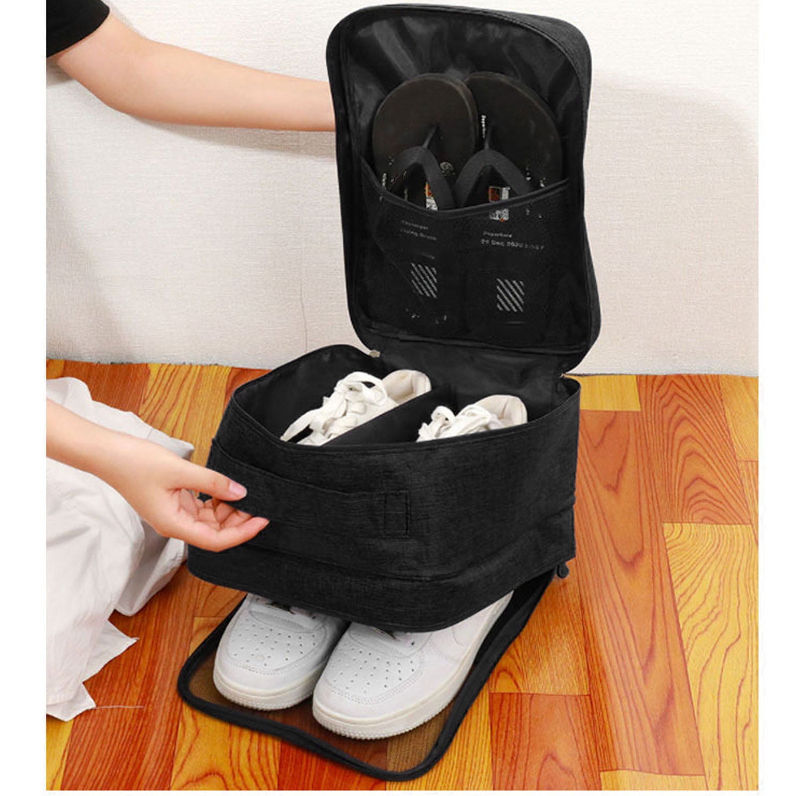 Yajisi 3 Layers Travel Shoe Bag Holds 3 Pair of Shoes Waterproof Portable Organizer Storage For Luggage, Camping And Gym Black, 13.8x10.2x8.3 in / 35x26x21 cm