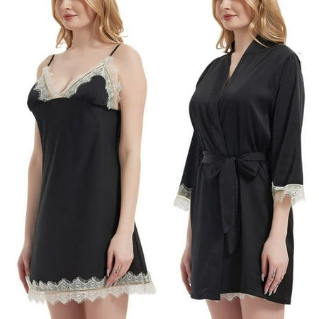 Uncia Active Womens Lingerie Set 2pcs Lace Trim Chemise Babydoll Sleepwear with Kimono Robe