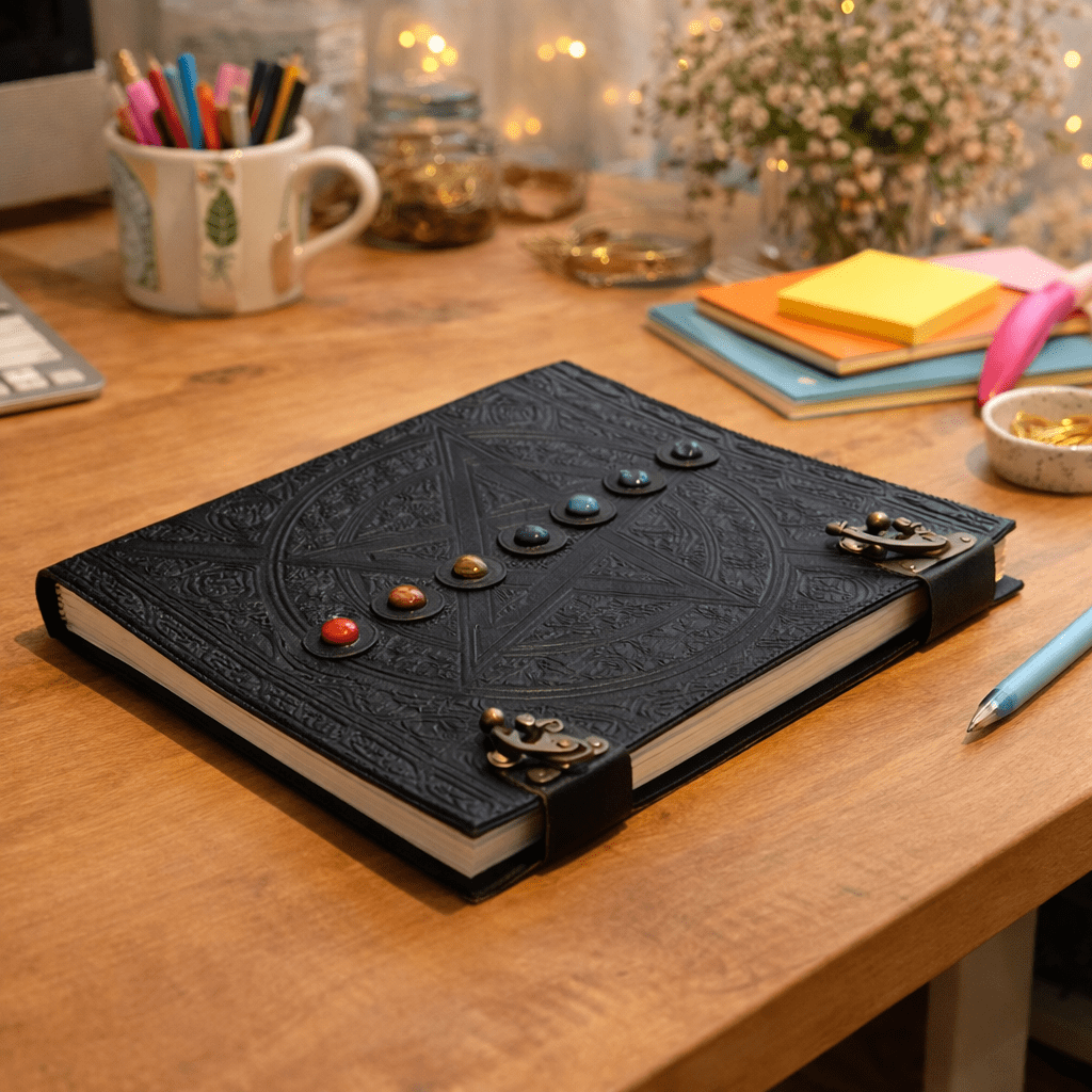 Soul Sticks Embossed Black 7 Chakras Genuine Leather 200 Page Journal 10" x 13"