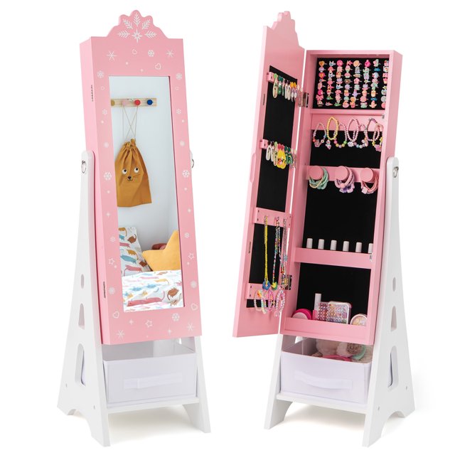 Gymax Armoire à Bijoux pour Enfants avec Tiroir Miroir Pleine Longueur 2 Angles d'Inclinaison Réglables Rose