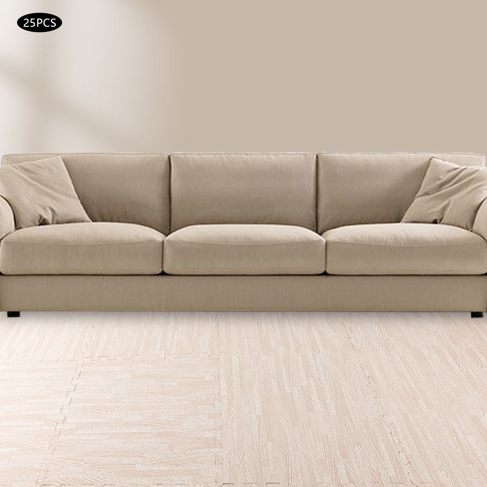 Wildnix White Wood Grain Foam Tiles, 25 Interlocking EVA/PE Hybrid Mats for Home or Office, Cushioned and Non-slip Floor Mats with Easy Installation