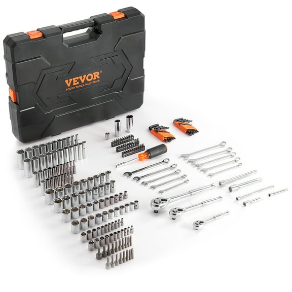 VEVOR Mechanics Tool Set and Socket Set, 1/4" 3/8" 1/2" Drive Deep and Standard Sockets, 205 Pcs SAE and Metric Mechanic Tool Kit with Bits, Combination Wrench,Hex Wrenches, Accessories, Storage Case
