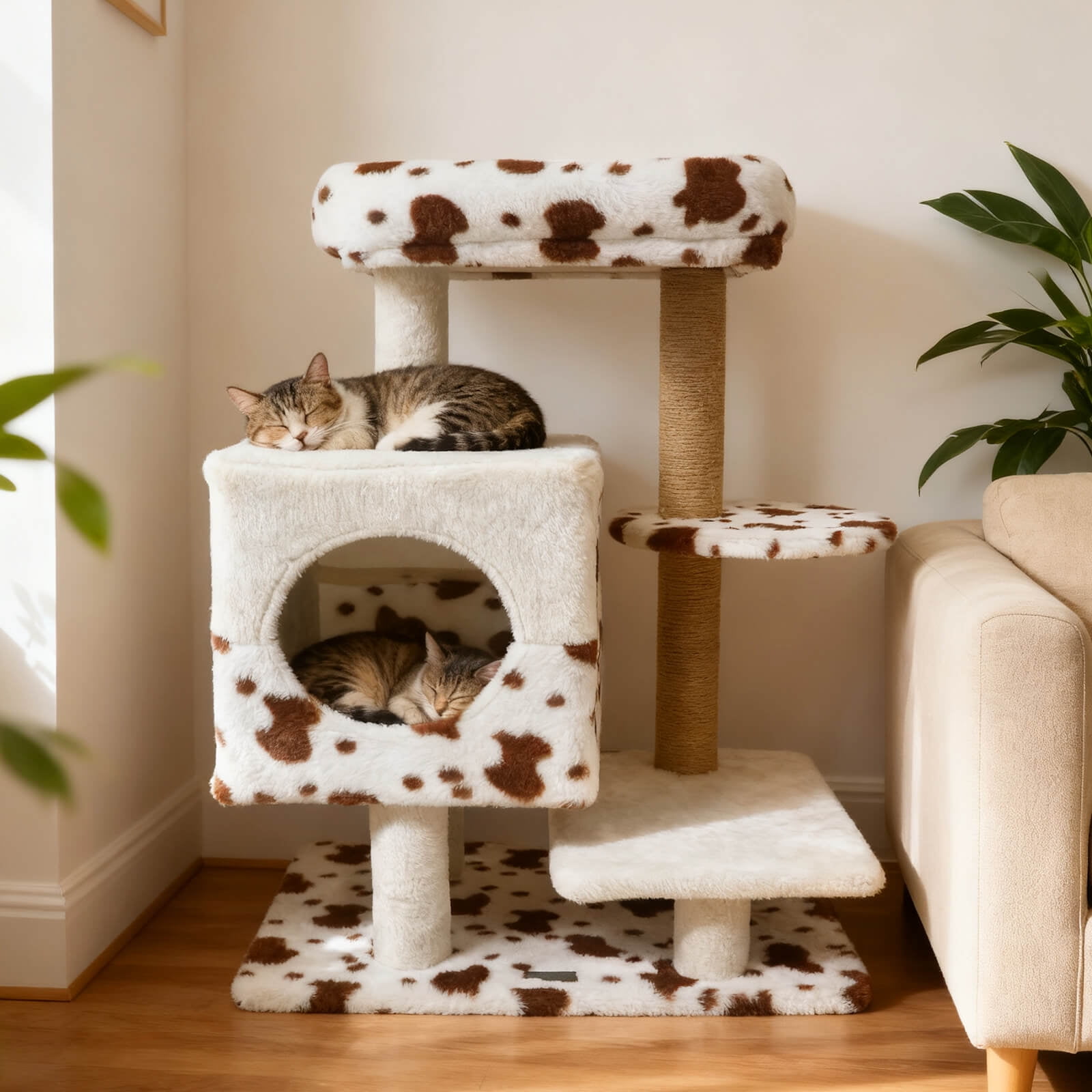 Costway Modern Cat Tree with Wide Upholstered Perch & 2-Entrance Cat Condo Scratching Posts