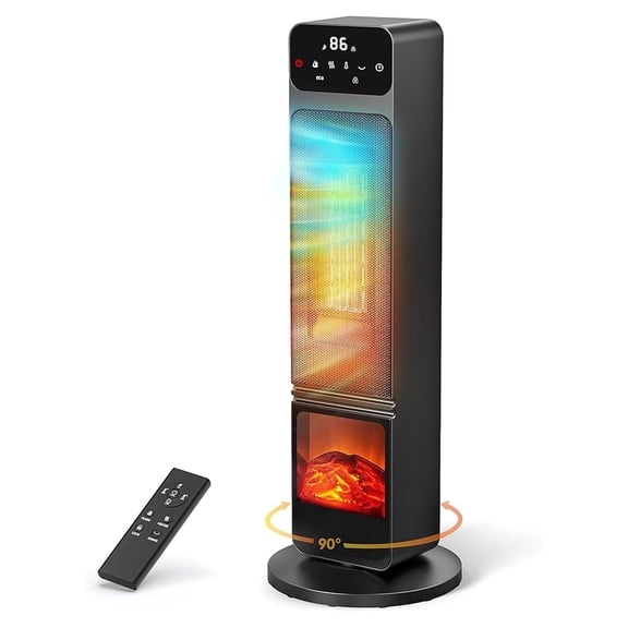 Tower Heater and Fan Combo, 1500W PTC Tower Heaters for Indoor Use W/ 3D Flame, 90° Oscillation Mini Fireplace Heater, Child Lock & Eco Mode, 12h Timer, Control, Home & Office