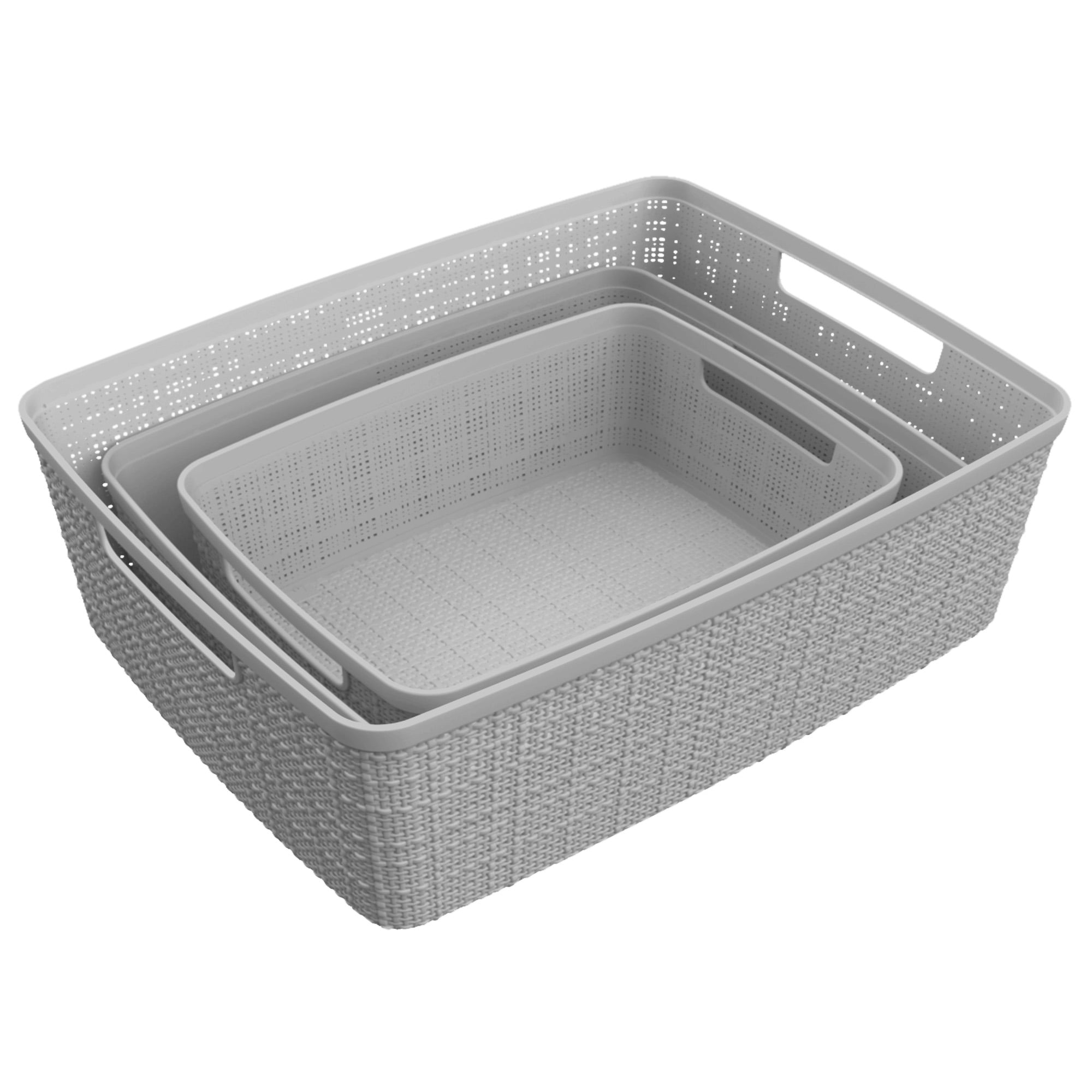 Curver Jute Basket 3pc Set, Resin Plastic Storage Bin, Cool Grey, 2 Pack