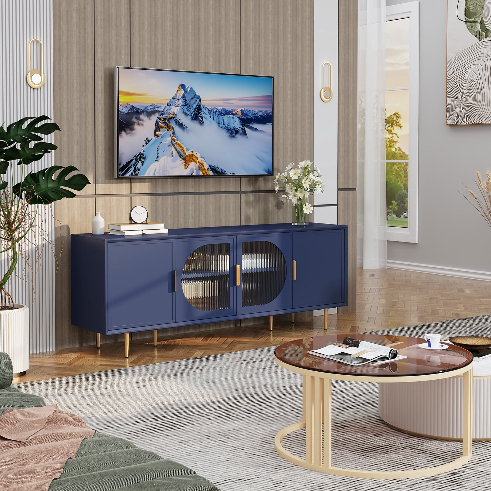 CBJCBJ 66" TV up to 75" Stand for Living Room, Entertainment Center with Glass Storage Cabinet