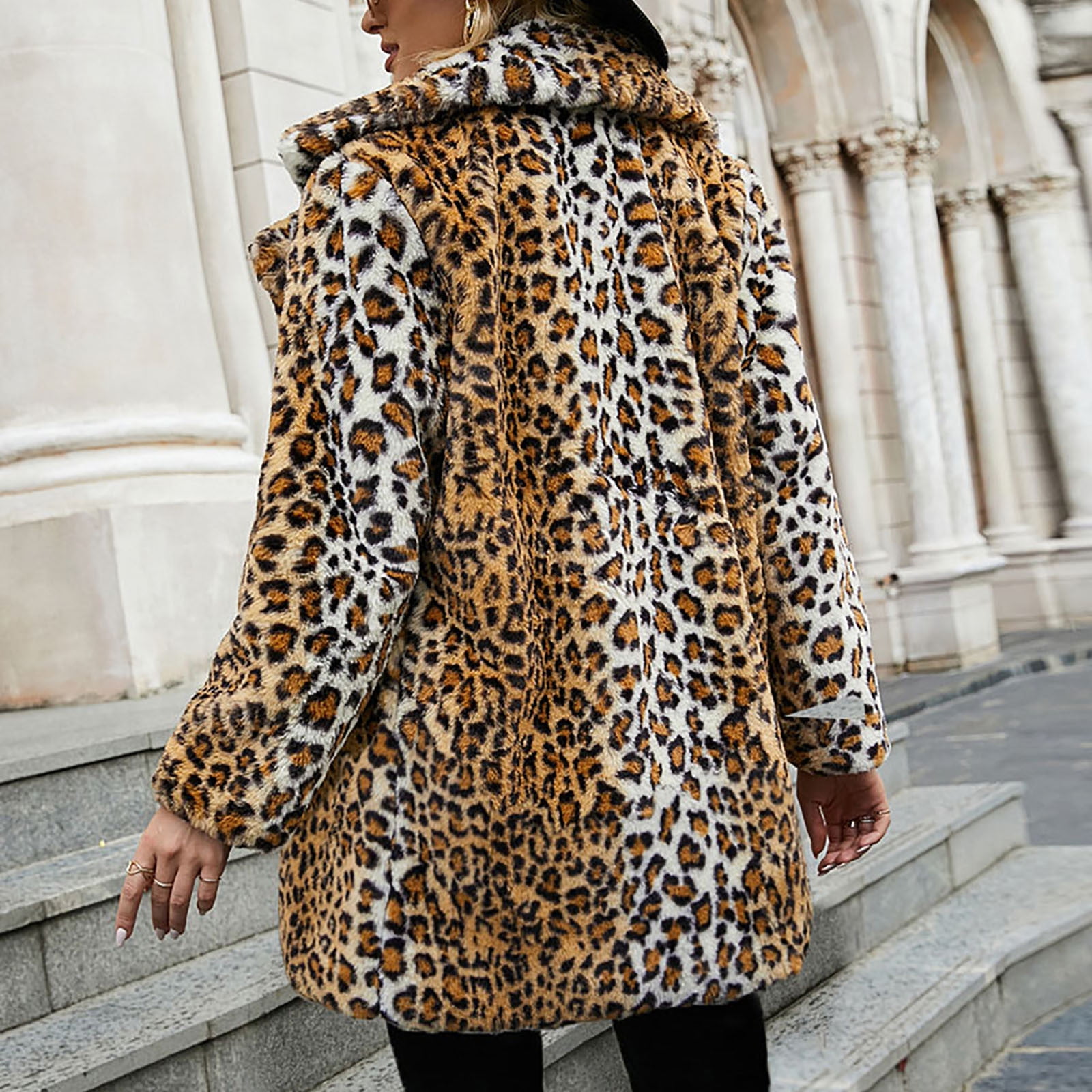 FITORON Women Faux Fur Coat- Ladies Warm Faux Fur Coat Jacket Winter Turn  Down Collar Solid Outerwear Brown L 