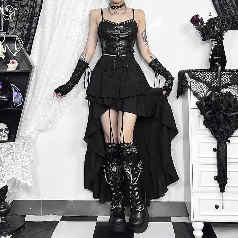 Women's Steampunk Victorian Skirt - Embroidered High Waist Ruffled Asymmetrical Layered Skirt