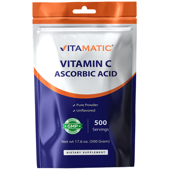 Vitamatic Vitamin C Powder (Ascorbic Acid) – 1000 mg per Serving – 500 Servings - 17.6 Oz (500g) – Pure Unflavored Vitamin C Supplement – Non-GMO, Gluten Free, No Additives