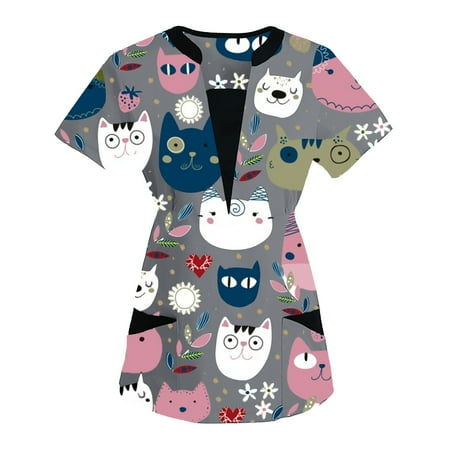 

Cartoon Printing Working Uniform Lady Women Short Sleeve V Neck Tops Work Print Patchwork Pocket Blouse Scrubs Uniform Nurses