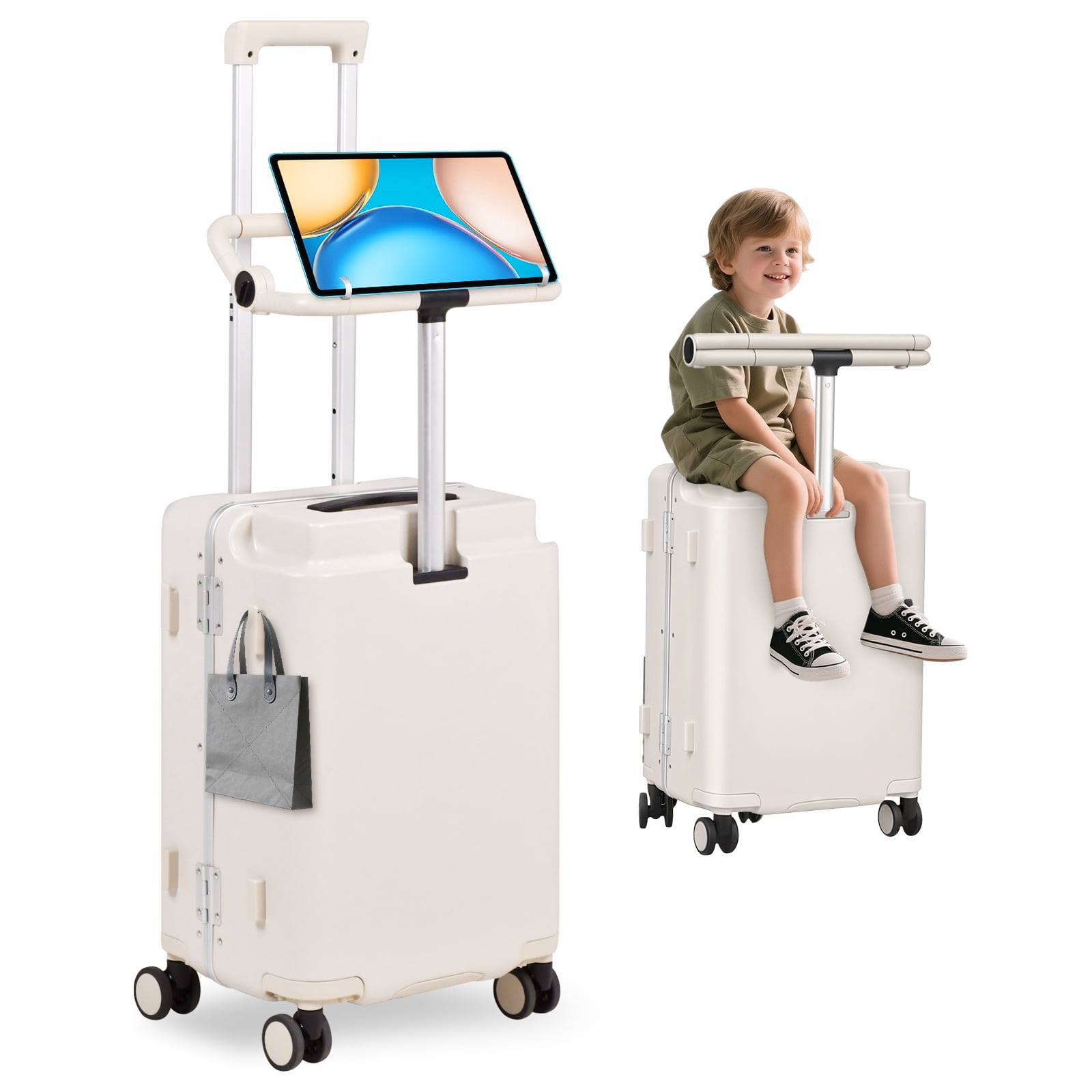 Advwin 20" Ride On Luggage with Foldable Seat, Cup/Tablet Holder, 6 PCs Packing Cube Set & TSA Lock, Hard Shell PC Spinner Travel Suitcase for Kids & Adults, Beige