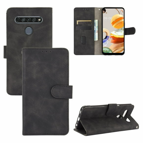 For LG Q61/ K61 PU Leather Flip Case Card Slots Holder Kickstand Book Folding Folio Cover-Black