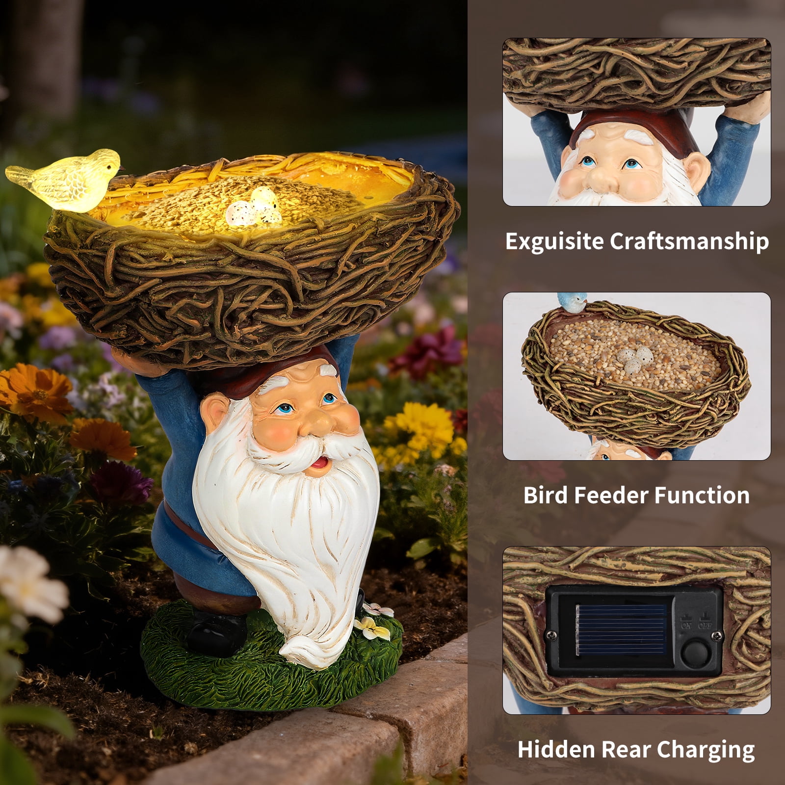 DAK Solar Garden Gnome Statue with Bird Feeder & LED Light, 9" Resin Outdoor Gnome with Nest Bowl, Waterproof UV Resistant