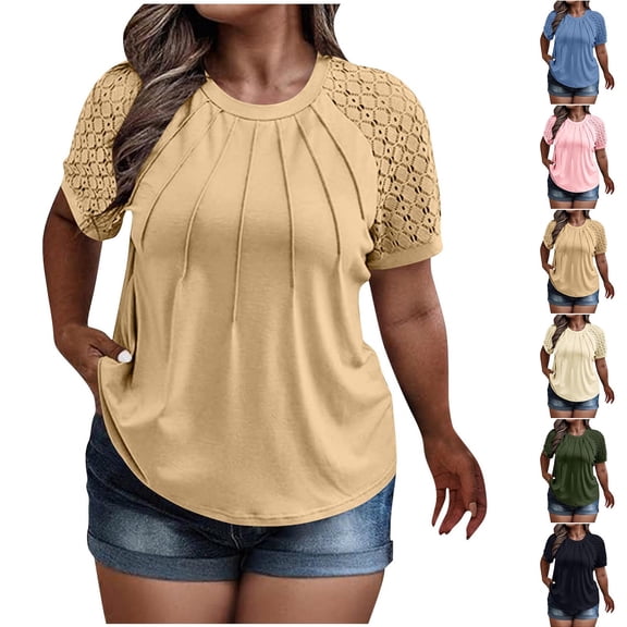 Qetyuw Plus Size Tops for Women Summer Lace Short Sleeve Crew Neck Tees Trendy Vacation Tees Casual Solid Basic T Shirts