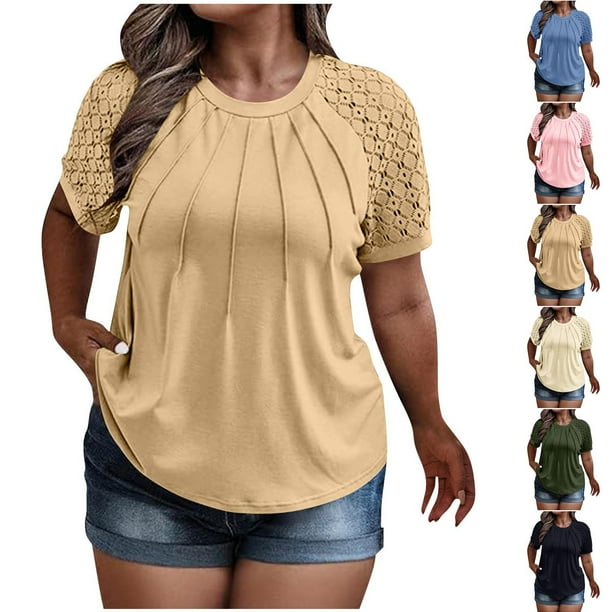 RKSTN Plus Size T Shirts for Women Summer Pleated Crewneck Lace Raglan Short Sleeve Shirts Womens Casual Solid Cotton Oversized Round Neck Loose Fits Comfy Basic Tee Shirts Pullover Tops