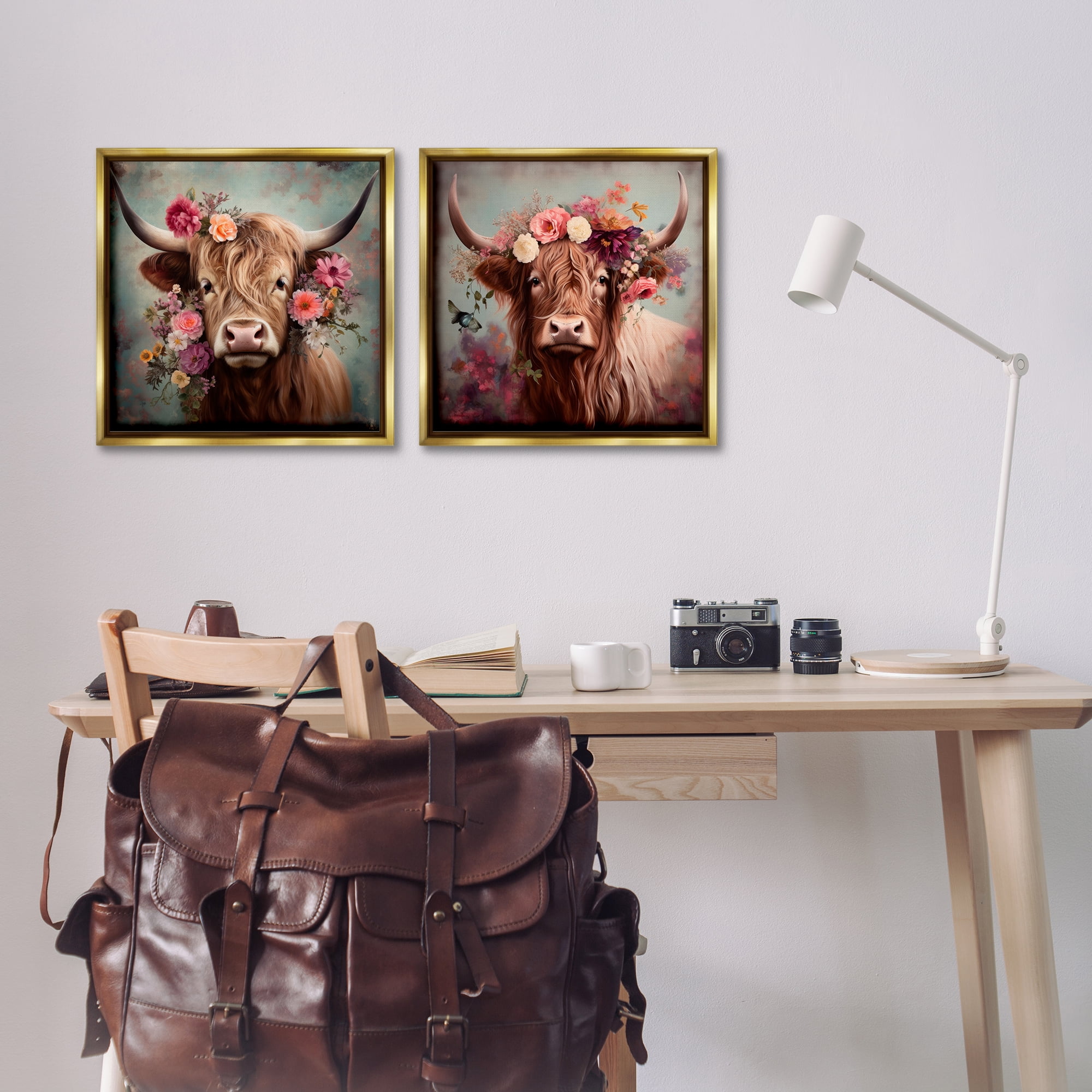Stupell Industries Highland Cow Field Flower Crown Animals Painting Gold Floater Framed Canvas Art Print Wall Art, 18 x 18, Set of 2